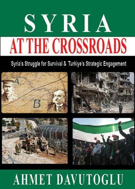 „SYRIA AT THE CROSSROADS“, Bilder zeigen militärische Karten, Zerstörung, Grenzsperre und protestierende Menschen mit Flagge.