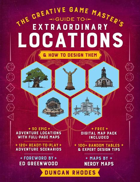 "The Creative Game Master's Guide to Extraordinary Locations & How to Design Them." Hexagon-Illustrationen von Orten.