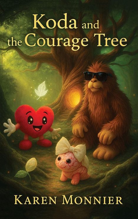 „Koda and the Courage Tree“ von Karen Monnier. Illustration mit Herzfigur, pelzigem Wesen und rosa Tier mit Schleife im Wald.