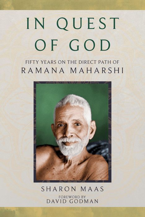 Titel: "In Quest of God", über Ramana Maharshi. Schriftzug mit Foto eines älteren Mannes mit weißem Bart.
