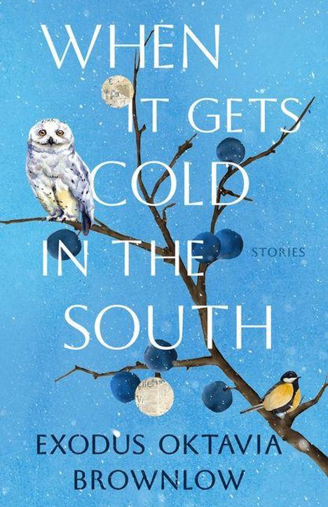 Der Text "WHEN IT GETS COLD IN THE SOUTH" und "EXODUS OKTAVIA BROWNLOW". Zwei Vögel auf einem Ast, blaue Beeren.