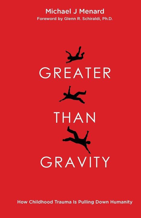 „GREATER THAN GRAVITY“: Schwarze Silhouetten von fallenden Menschen auf rotem Hintergrund.