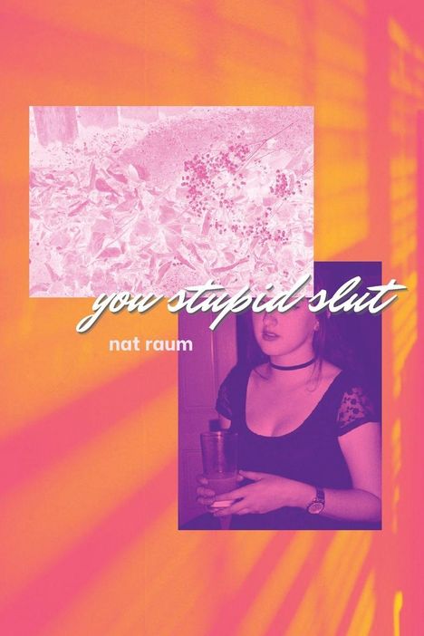 Text: "you stupid slut," "nat raum." Bild in Orangetönen mit Frau und Pflanzen.