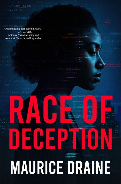 Titel: "RACE OF DECEPTION" von Maurice Draine. Profil einer nachdenklichen Frau vor digitalem Hintergrund.