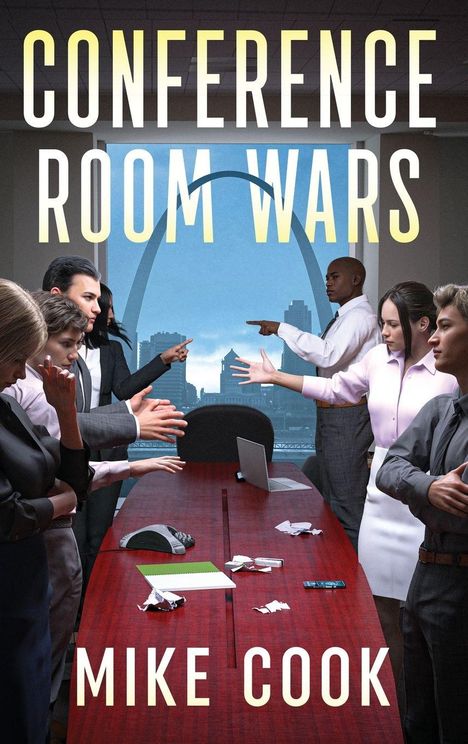 Text: "Conference Room Wars" und "Mike Cook". Menschen in Anzügen gestikulieren heftig in einem Konferenzraum.