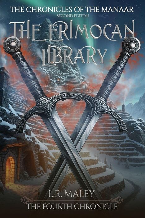 "The Chronicles of the Manaar", "The Erimocan Library", "Second Edition", "L.R. Maley", "The Fourth Chronicle". Zwei Schwerter vor Bergen.