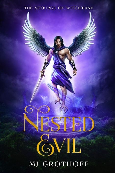 "The Scourge of Witch'bane", "Nested Evil", "MJ Grothoff". Eine geflügelte Figur mit Schwert vor violettem Hintergrund.