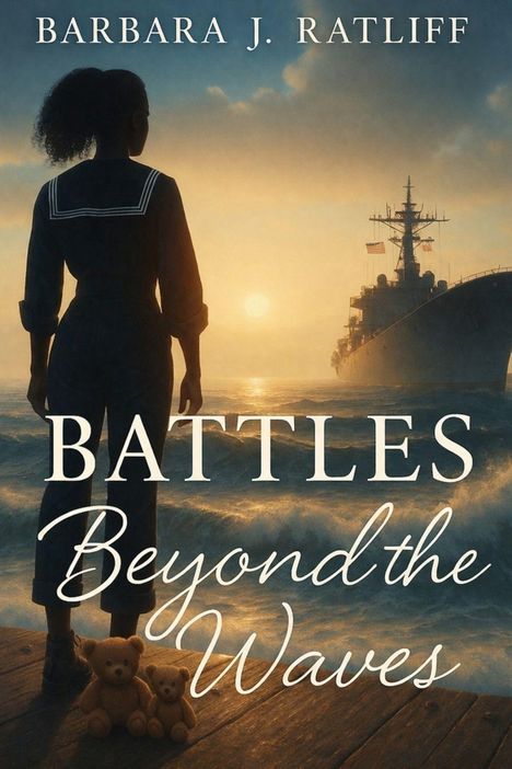 Titel: "Battles Beyond the Waves". Eine Frau blickt auf ein Kriegsschiff im Sonnenuntergang, daneben zwei Teddybären.