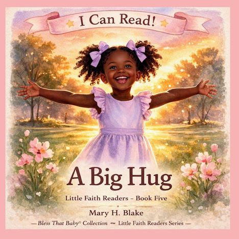 "I Can Read!", "A Big Hug", "Little Faith Readers - Book Five", "Mary H. Blake". Ein fröhliches Kind mit offenen Armen.