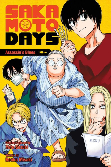 „SAKAMOTO DAYS“, „Assassin's Blues“. Fünf Anime-Charaktere in Aktion posieren auf gelbem Hintergrund.