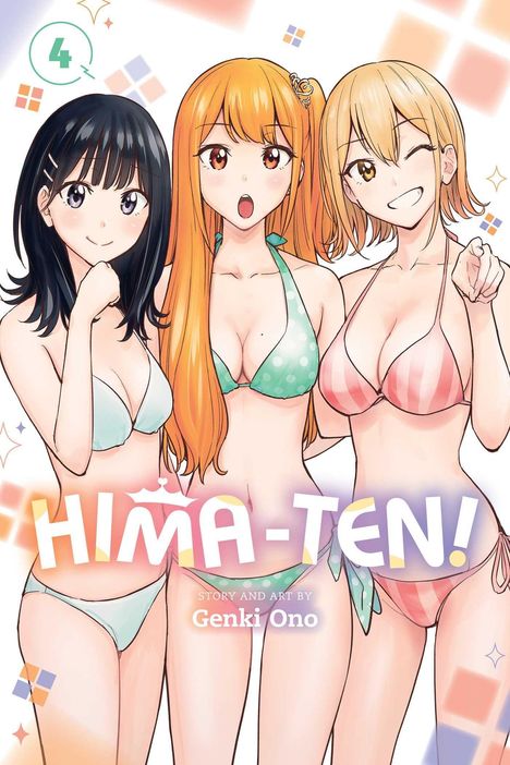 „HIMA-TEN!“, „Genki Ono“, drei Manga-Mädchen in Bikinis, lächelnd und posierend.