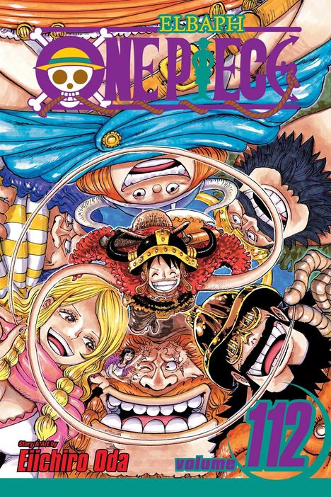 „ONE PIECE“, ELBAPH, „Eiichiro Oda“, „volume 112“. Buntes Cover mit fröhlichen Charakteren und Piratenmotiven.