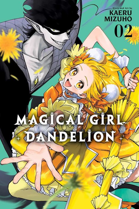 "Magical Girl Dandelion", Kaeru Mizuhos Story und Art, Band 02. Ein Mädchen in gelbem Outfit mit Blumen, fröhlich.