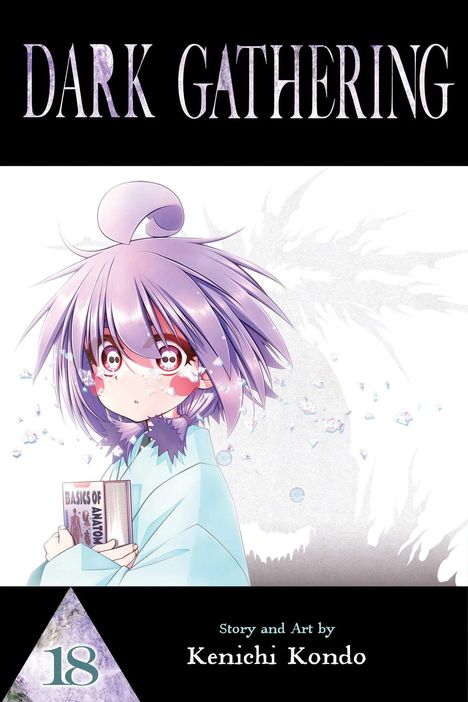 Der Text "Dark Gathering", darunter ein Manga-Charakter mit lila Haaren, hält ein Buch mit der Aufschrift "Basics of Anatomy".