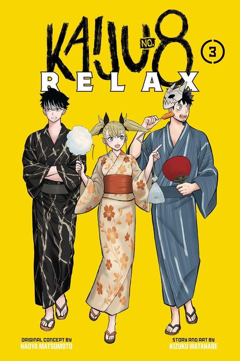 Titel: "Kaiju No. 8 Relax 3". Drei Personen in Yukatas auf gelbem Hintergrund, eine mit Maske und Fächer.