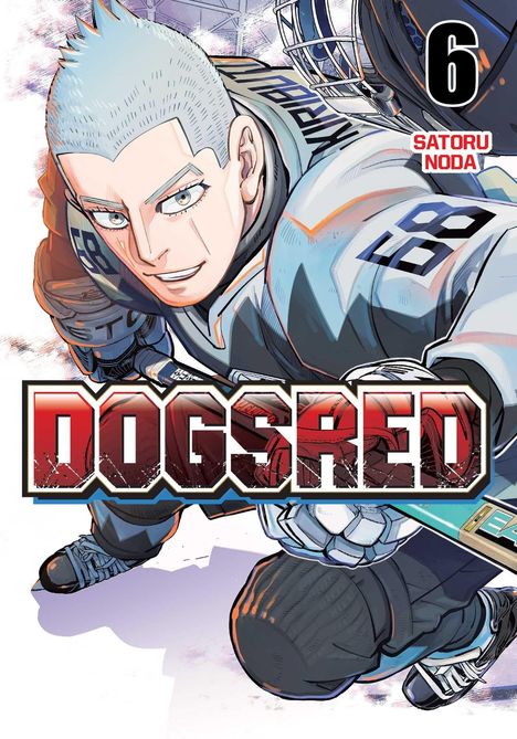 Text: "DOGSRED", "6", "SATORU NODA". Eine dynamische Manga-Illustration eines Eishockeyspielers in Aktion.