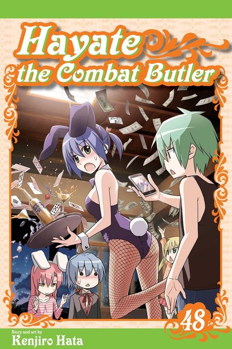 Titel: Hayate the Combat Butler, 48. Illustration: Eine Person in Bunny-Kostüm mit Tablett und fliegenden Karten.