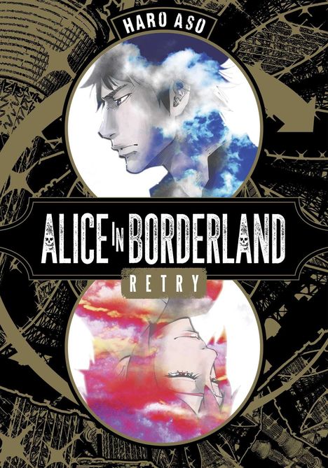 Text: "Haro Aso", "Alice in Borderland Retry". Zwei Profile in Wolken, eine Illustration.