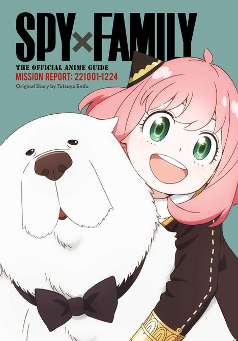 "SPY×FAMILY", Guide: Report 221001-1224. Illustration: Mädchen mit rosa Haaren und großem weißen Hund mit Fliege.
