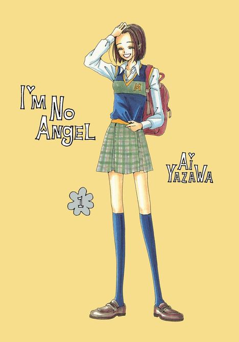 "I'M No Angel" und "Ai Yazawa" stehen neben einem lächelnden Mädchen in Schuluniform, das einen Rucksack trägt.