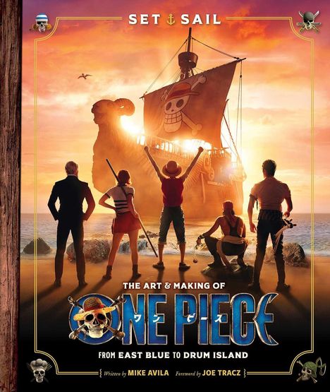 "SET SAIL" und "ONE PIECE" sind prominent. Fünf Figuren blicken aufs Meer, ein Schiff mit Piratensymbol segelt in den Sonnenuntergang.