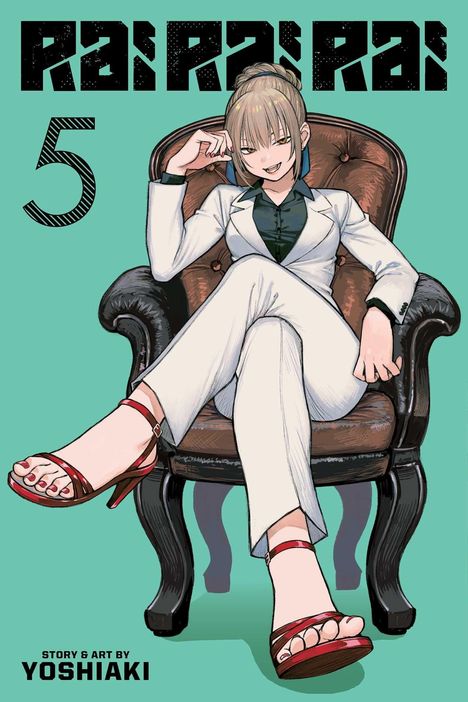 Text: "RAI RAI", "4", "STORY & ART BY YOSHIAKI". Ein Mann im Anzug sitzt lässig auf einem roten Bürostuhl.