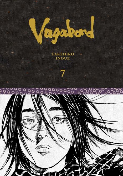 „Vagabond, Takehiko Inoue, 7.“ Ein Manga-Cover mit einem detaillierten Schwarz-Weiß-Porträt einer Person.