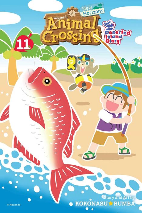 "Welcome to Animal Crossing: New Horizons. Deserted Island Diary. Große rote Fischillustration am Strand gefangen."