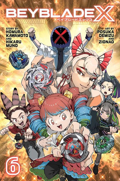 "Beyblade X" oben in großen Buchstaben; darunter mehrere Figuren in dynamischer Pose mit Kreiselspielzeug. Nummer 6 unten links.