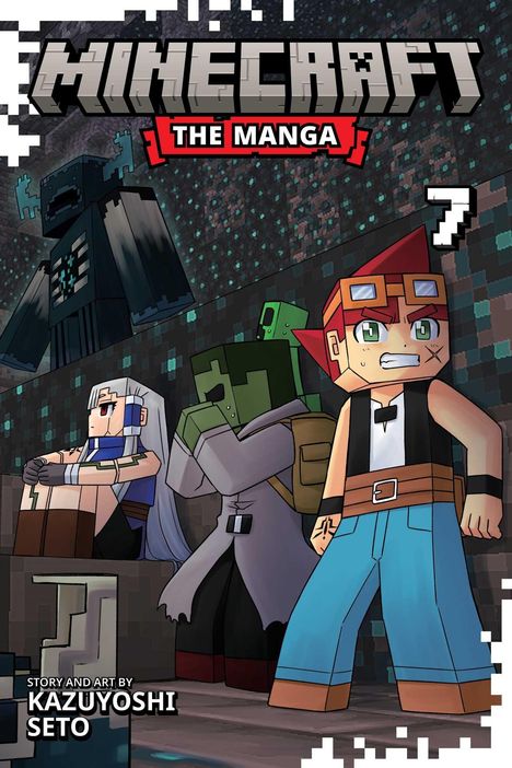 "Minecraft: The Manga, 7." Drei Figuren in pixeligem Stil, angespannt, vor einer düsteren Kreatur.