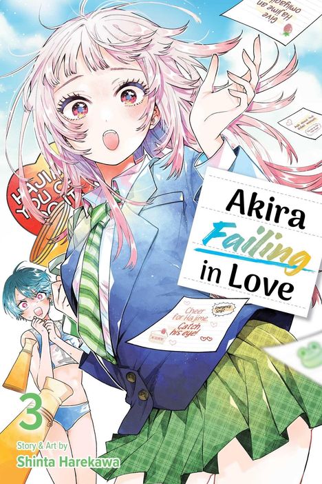 "Akira Failing in Love" steht groß auf einer Seite. Zwei Anime-Charaktere in Schuluniform und Briefumschläge sind zu sehen.