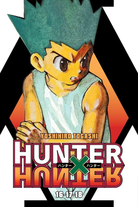 "YOSHIHIRO TOGASHI HUNTER X HUNTER 16-17-18." Eine Illustration zeigt einen entschlossenen Jungen mit stacheligen Haaren.
