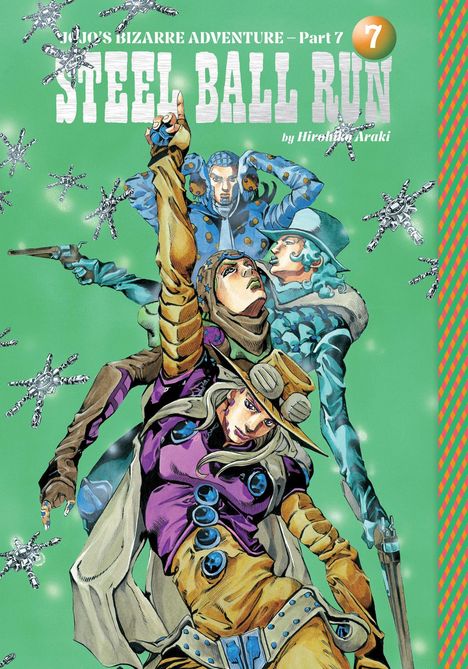 "JOJO'S BIZARRE ADVENTURE - Part 7 STEEL BALL RUN" steht oben. Drei stilisierte, bunte Figuren posieren dramatisch.
