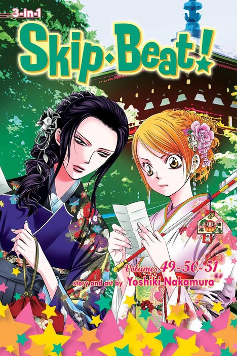 "Skip Beat! Volumes 49-50-51, story and art by Yoshiki Nakamura." Zwei Frauen in farbenfrohen Kimonos, eine mit dunklen, die andere mit hellen haaren, blicken auf Papier.