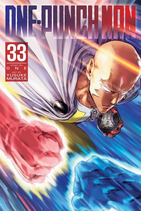 „ONE-PUNCH MAN 33“, Story von ONE, Art von Yusuke Murata. Ein kahlköpfiger Held fliegt, Fäuste prallen farbenfroh aufeinander.