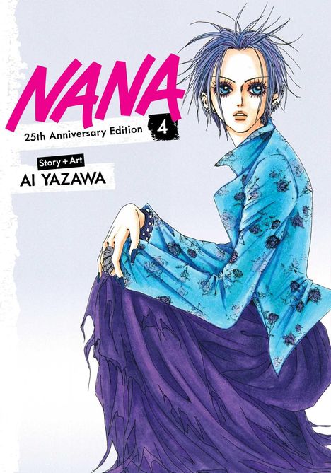 „NANA 25th Anniversary Edition 4. Story + Art AI YAZAWA.“ Illustration einer Person mit blauer Jacke und lila Rock.