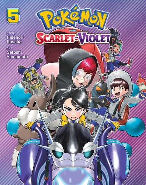 "Pokémon Scarlet Violet" als Titel, "Story Hidenori Kusaka", "Art Satoshi Yamamoto". Illustration mit dynamischen Charakteren.
