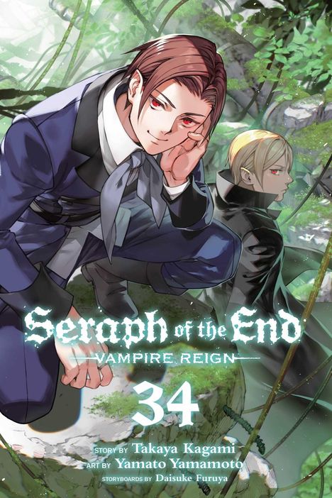 "Seraph of the End: Vampire Reign 34" in gotischer Schrift. Zwei Figuren: Ein junger Mann mit braunen Haaren, lächelnd.