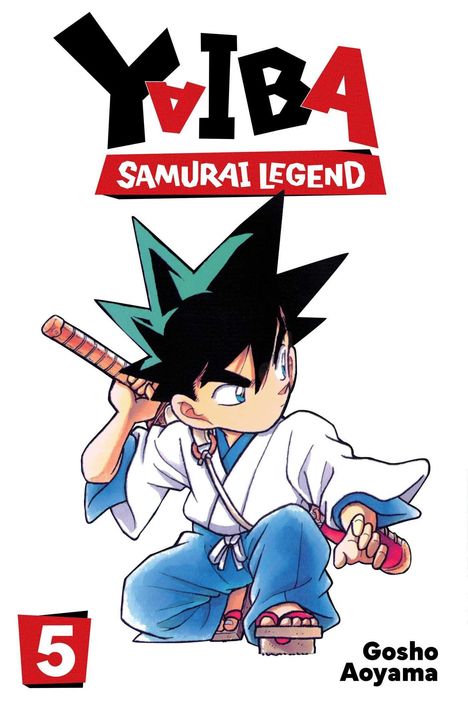 "Yaiba Samurai Legend". Illustration eines jungen Samurai in blauer Kleidung, hält ein Schwert über der Schulter, Nummer 5.