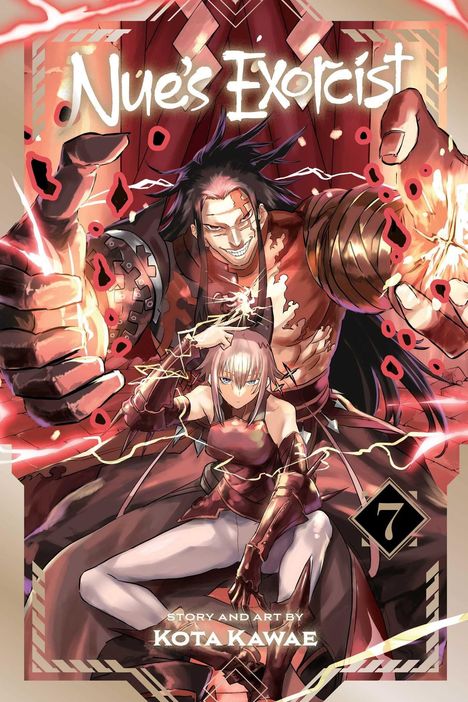 "Nue’s Exorcist", "Kota Kawae". Ein muskulöser Mann und eine Frau mit magischen Kräften, umgeben von roten und weißen Blitzen.