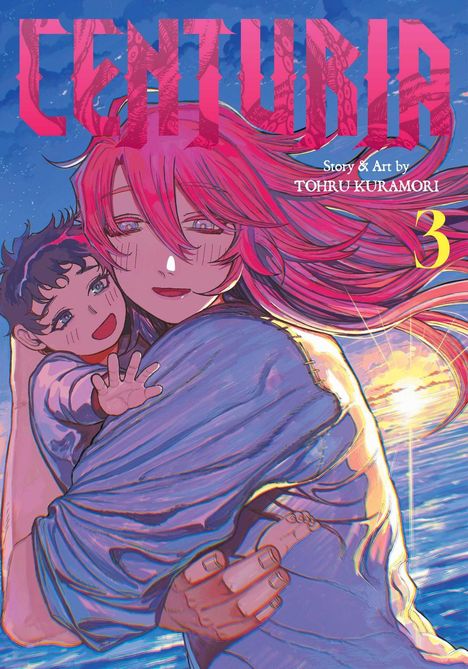 Titel: CENTURIA. Story & Art von Tohru Kuramori. Zahl: 3. Eine Illustration zeigt eine Person mit pinkem Haar, die ein Kind hält. 