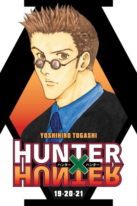 YOSHIHIRO TOGASHI, HUNTER X HUNTER, 19-20-21. Illustration eines Mannes mit Brille, auf orange-schwarzem Hintergrund.