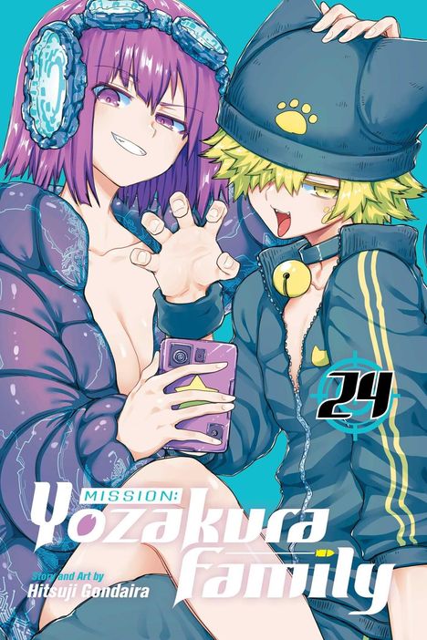 Text: "MISSION: Yozakura family" und "24" in dynamischer Schrift. Illustration von zwei Personen in bunter Kleidung.