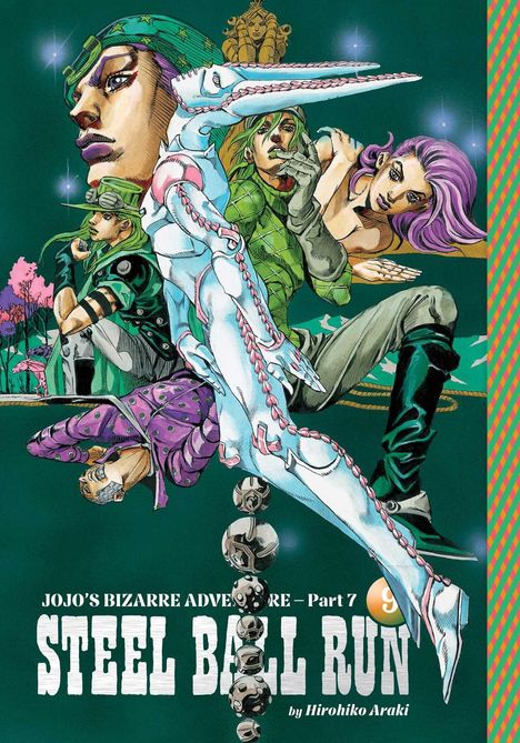 "JOJO'S BIZARRE ADVENTURE – Part 7 STEEL BALL RUN by Hirohiko Araki." Anime-ähnliche, bunte Figuren in dynamischen Posen.