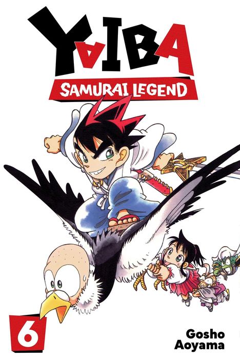 "YAIBA: SAMURAI LEGEND" in großen Buchstaben. Ein Junge reitet auf einem großen Vogel, der eine Gruppe von Kindern trägt.