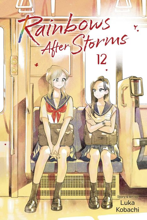 "Rainbows After Storms 12" in einer Illustration: Zwei Mädchen in Schuluniformen sitzen in einem Bus.