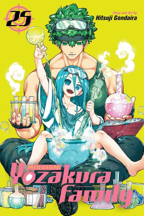 "Mission: Yozakura Family" steht groß im Vordergrund. Zwei Figuren in Laborumgebung, mit Schutzbrille und chemischen Geräten.