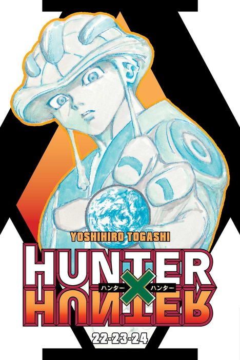 Text: "YOSHIHIRO TOGASHI" "HUNTER X HUNTER" "22-23-24". Illustration eines ernsten Charakters mit Hut und Erdkugel.