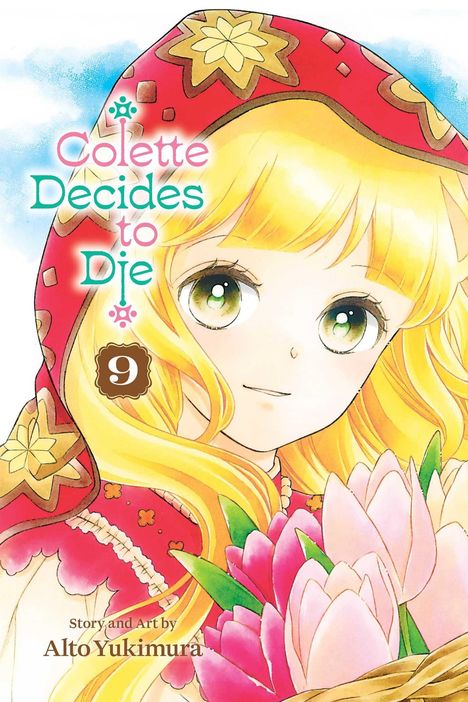 „Colette Decides to Die“, Band 9. Illustration eines Mädchens mit Blumenstrauß, blondes Haar, bunter Kopftuch.