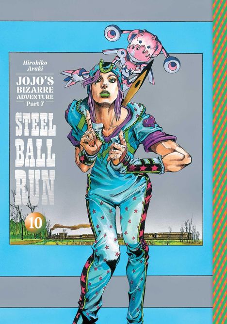 Text: "Hirohiko Araki, JOJO'S BIZARRE ADVENTURE Part 7, STEEL BALL RUN". Illustration: Figur in bunter Kleidung mit Sternenmotiv.